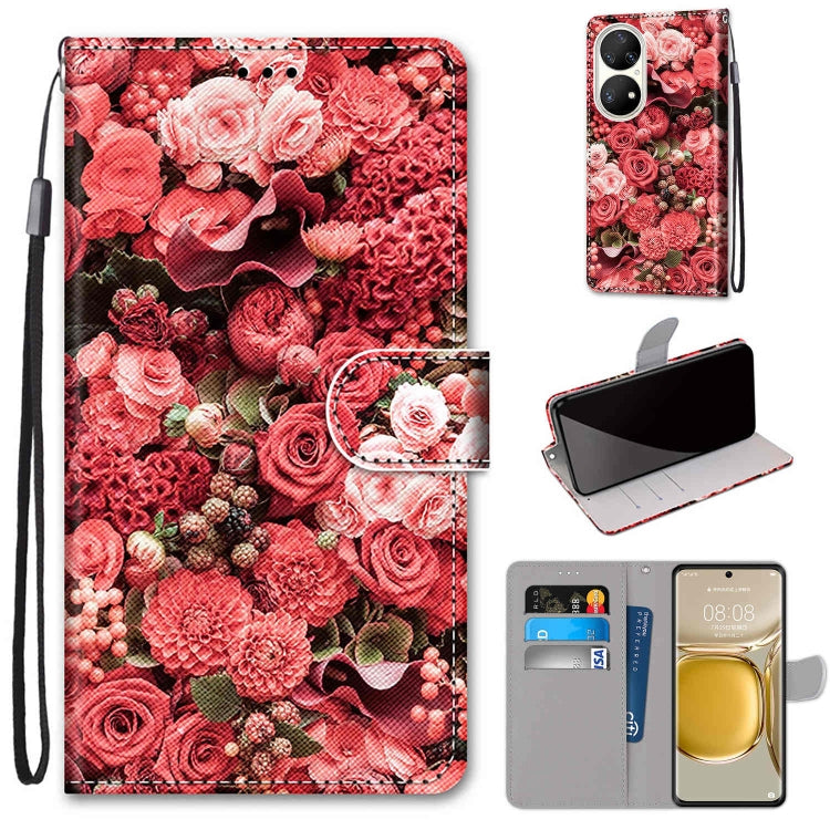 For Huawei P50 Pro Coloured Drawing Cross Texture Horizontal Flip PU Leather Case with Holder & Card Slots & Wallet & Lanyard(Pink Rose Garden) - Huawei Cases by buy2fix | Online Shopping UK | buy2fix