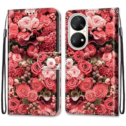 For Huawei P50 Pro Coloured Drawing Cross Texture Horizontal Flip PU Leather Case with Holder & Card Slots & Wallet & Lanyard(Pink Rose Garden) - Huawei Cases by buy2fix | Online Shopping UK | buy2fix