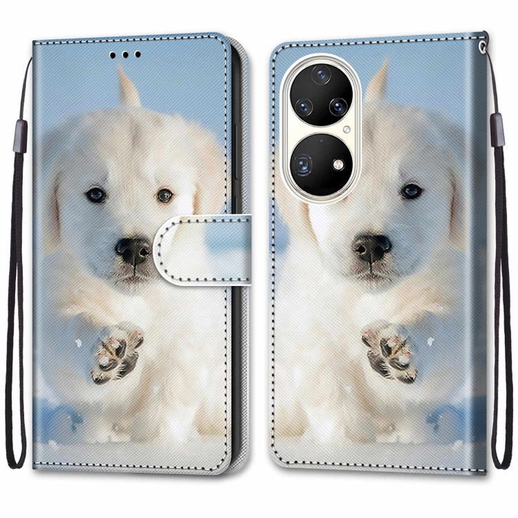 For Huawei P50 Pro Coloured Drawing Cross Texture Horizontal Flip PU Leather Case with Holder & Card Slots & Wallet & Lanyard(Snow Puppy) - Huawei Cases by buy2fix | Online Shopping UK | buy2fix