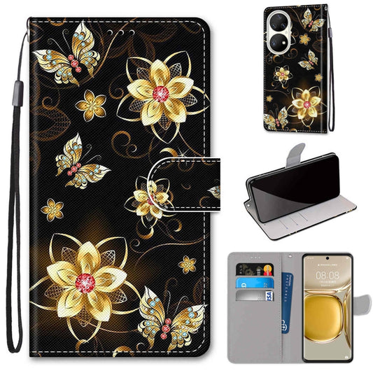 For Huawei P50 Pro Coloured Drawing Cross Texture Horizontal Flip PU Leather Case with Holder & Card Slots & Wallet & Lanyard(Gold Diamond Butterfly) - Huawei Cases by buy2fix | Online Shopping UK | buy2fix