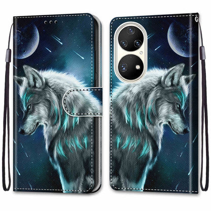 For Huawei P50 Pro Coloured Drawing Cross Texture Horizontal Flip PU Leather Case with Holder & Card Slots & Wallet & Lanyard(Pensive Wolf) - Huawei Cases by buy2fix | Online Shopping UK | buy2fix