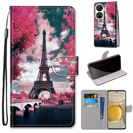 For Huawei P50 Pro Coloured Drawing Cross Texture Horizontal Flip PU Leather Case with Holder & Card Slots & Wallet & Lanyard(Pink Flower Tower Bridge) by buy2fix
