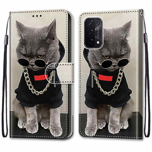 For OPPO A93 5G / A93s 5G / A54 5G / A74 5G Coloured Drawing Cross Texture Horizontal Flip PU Leather Case with Holder & Card Slots & Wallet & Lanyard(Golden Chain Grey Cat) by buy2fix