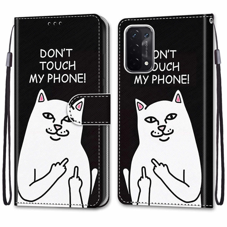 For OPPO A93 5G / A93s 5G / A54 5G / A74 5G Coloured Drawing Cross Texture Horizontal Flip PU Leather Case with Holder & Card Slots & Wallet & Lanyard(Middle Finger White Cat) - OPPO Cases by buy2fix | Online Shopping UK | buy2fix