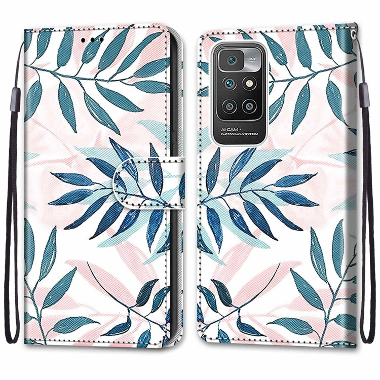 For Xiaomi Redmi 10 Coloured Drawing Cross Texture Horizontal Flip PU Leather Case with Holder & Card Slots & Wallet & Lanyard(Pink Green Leaf) by buy2fix