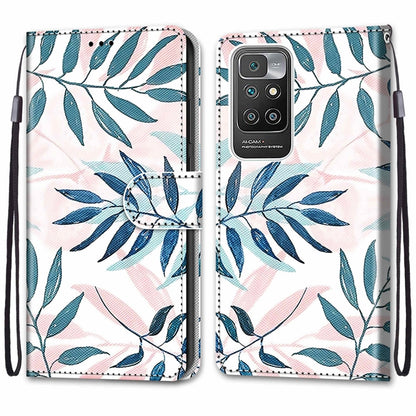 For Xiaomi Redmi 10 Coloured Drawing Cross Texture Horizontal Flip PU Leather Case with Holder & Card Slots & Wallet & Lanyard(Pink Green Leaf) by buy2fix
