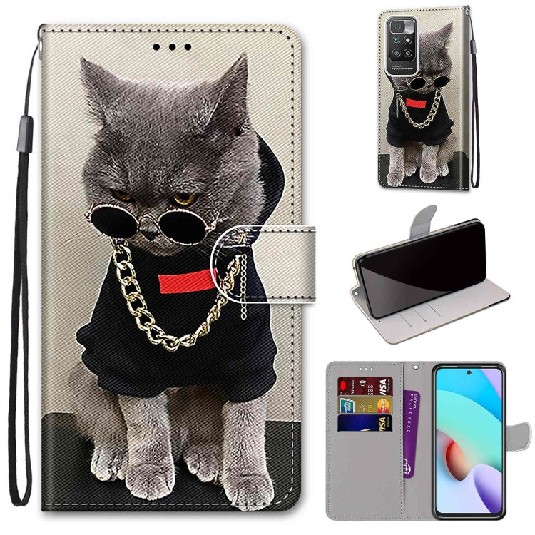 For Xiaomi Redmi 10 Coloured Drawing Cross Texture Horizontal Flip PU Leather Case with Holder & Card Slots & Wallet & Lanyard(Golden Chain Grey Cat) by buy2fix