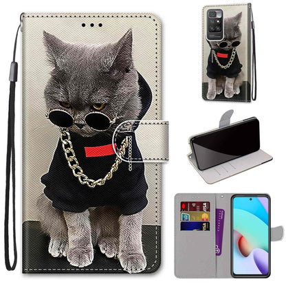 For Xiaomi Redmi 10 Coloured Drawing Cross Texture Horizontal Flip PU Leather Case with Holder & Card Slots & Wallet & Lanyard(Golden Chain Grey Cat) by buy2fix