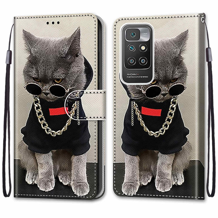 For Xiaomi Redmi 10 Coloured Drawing Cross Texture Horizontal Flip PU Leather Case with Holder & Card Slots & Wallet & Lanyard(Golden Chain Grey Cat) by buy2fix