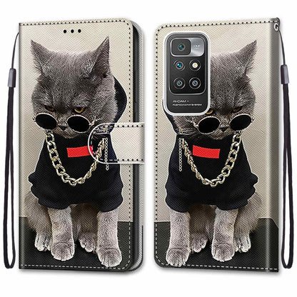 For Xiaomi Redmi 10 Coloured Drawing Cross Texture Horizontal Flip PU Leather Case with Holder & Card Slots & Wallet & Lanyard(Golden Chain Grey Cat) by buy2fix