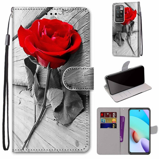 For Xiaomi Redmi 10 Coloured Drawing Cross Texture Horizontal Flip PU Leather Case with Holder & Card Slots & Wallet & Lanyard(Wood Red Rose) - Xiaomi Cases by buy2fix | Online Shopping UK | buy2fix