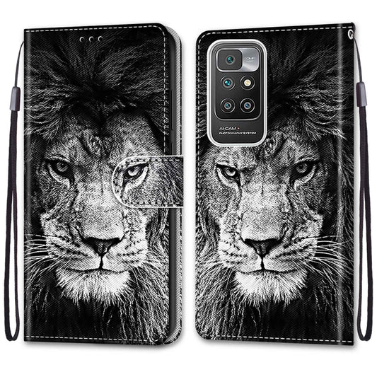 For Xiaomi Redmi 10 Coloured Drawing Cross Texture Horizontal Flip PU Leather Case with Holder & Card Slots & Wallet & Lanyard(Black White Lion Head) by buy2fix