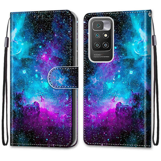 For Xiaomi Redmi 10 Coloured Drawing Cross Texture Horizontal Flip PU Leather Case with Holder & Card Slots & Wallet & Lanyard(Purple Green Starry Sky) by buy2fix