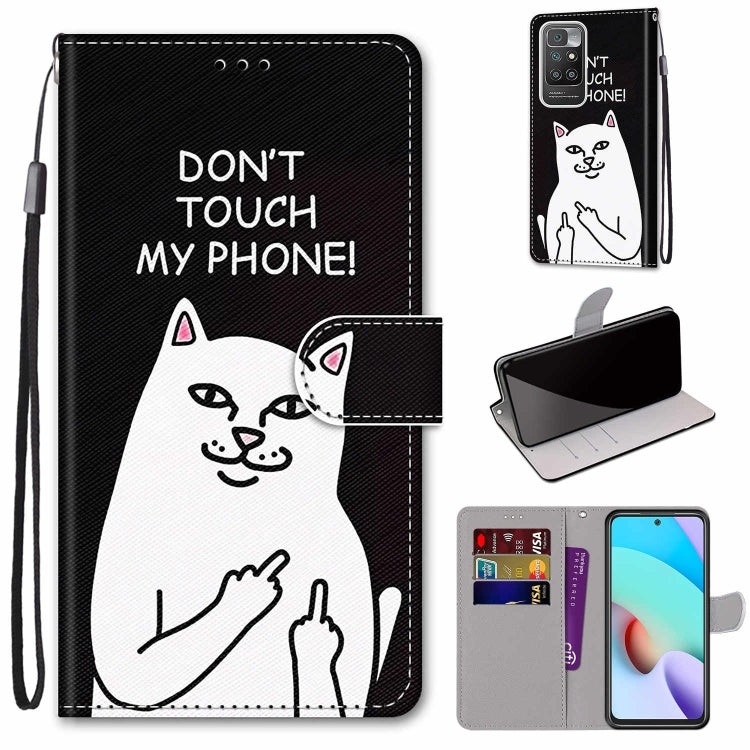 For Xiaomi Redmi 10 Coloured Drawing Cross Texture Horizontal Flip PU Leather Case with Holder & Card Slots & Wallet & Lanyard(Middle Finger White Cat) by buy2fix