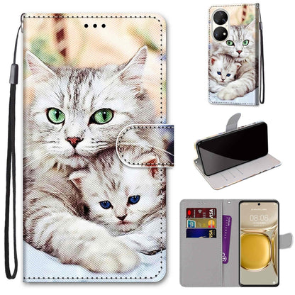 For Huawei P50 Pro Coloured Drawing Cross Texture Horizontal Flip PU Leather Case with Holder & Card Slots & Wallet & Lanyard(Big Cat Holding Kitten) - Huawei Cases by buy2fix | Online Shopping UK | buy2fix