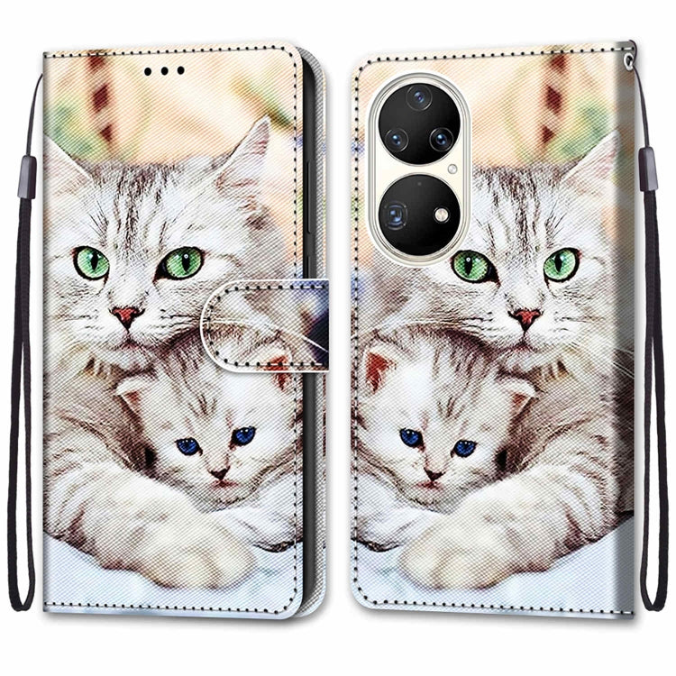 For Huawei P50 Pro Coloured Drawing Cross Texture Horizontal Flip PU Leather Case with Holder & Card Slots & Wallet & Lanyard(Big Cat Holding Kitten) - Huawei Cases by buy2fix | Online Shopping UK | buy2fix
