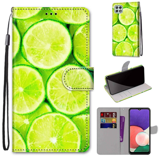 For Samsung Galaxy A22 5G Coloured Drawing Cross Texture Horizontal Flip PU Leather Case with Holder & Card Slots & Wallet & Lanyard(Green Lemon) by buy2fix