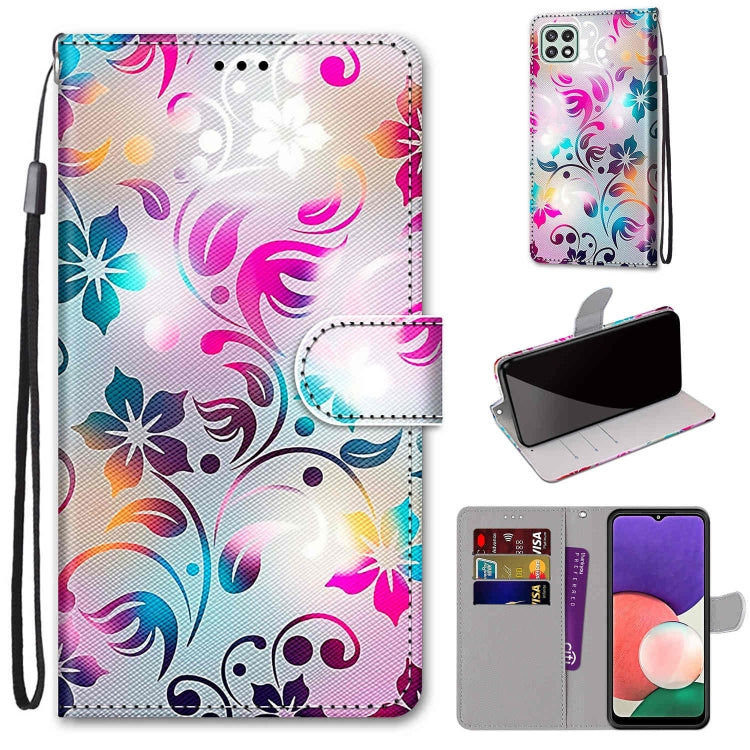 For Samsung Galaxy A22 5G Coloured Drawing Cross Texture Horizontal Flip PU Leather Case with Holder & Card Slots & Wallet & Lanyard(Gradient Colorful Flower) by buy2fix