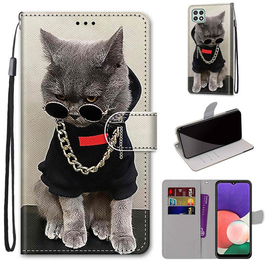 For Samsung Galaxy A22 5G Coloured Drawing Cross Texture Horizontal Flip PU Leather Case with Holder & Card Slots & Wallet & Lanyard(Golden Chain Grey Cat) by buy2fix