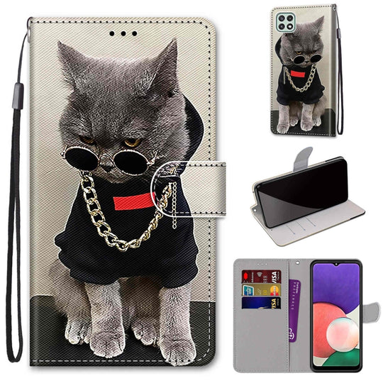 For Samsung Galaxy A22 5G Coloured Drawing Cross Texture Horizontal Flip PU Leather Case with Holder & Card Slots & Wallet & Lanyard(Golden Chain Grey Cat)