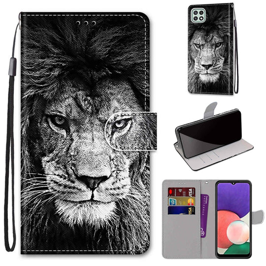 For Samsung Galaxy A22 5G Coloured Drawing Cross Texture Horizontal Flip PU Leather Case with Holder & Card Slots & Wallet & Lanyard(Black White Lion Head)