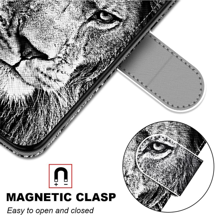 For Samsung Galaxy A22 5G Coloured Drawing Cross Texture Horizontal Flip PU Leather Case with Holder & Card Slots & Wallet & Lanyard(Black White Lion Head) by buy2fix