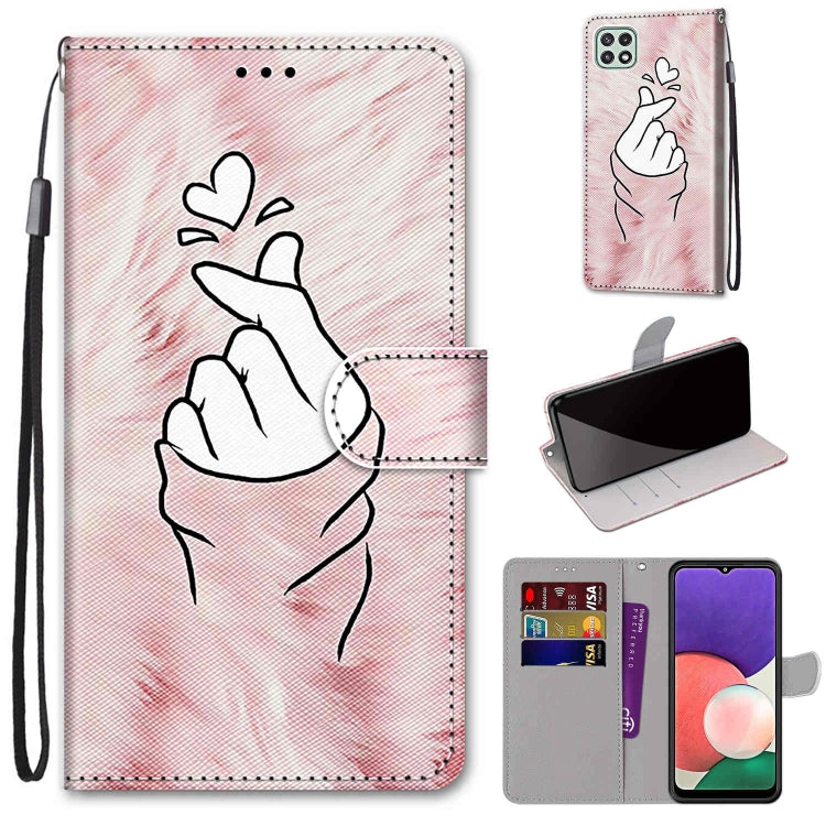 For Samsung Galaxy A22 5G Coloured Drawing Cross Texture Horizontal Flip PU Leather Case with Holder & Card Slots & Wallet & Lanyard(Pink Hands Heart) by buy2fix
