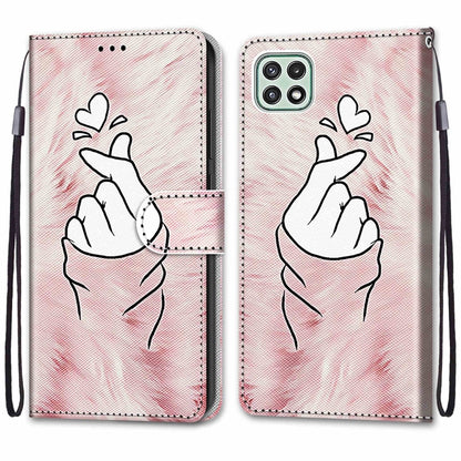 For Samsung Galaxy A22 5G Coloured Drawing Cross Texture Horizontal Flip PU Leather Case with Holder & Card Slots & Wallet & Lanyard(Pink Hands Heart) by buy2fix