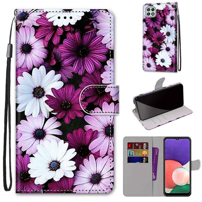 For Samsung Galaxy A22 5G Coloured Drawing Cross Texture Horizontal Flip PU Leather Case with Holder & Card Slots & Wallet & Lanyard(Chrysanthemum Pink White Purple) by buy2fix