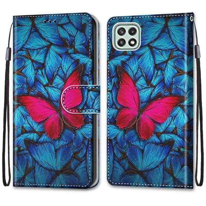 For Samsung Galaxy A22 5G Coloured Drawing Cross Texture Horizontal Flip PU Leather Case with Holder & Card Slots & Wallet & Lanyard(Blue Red Butterfly) by buy2fix