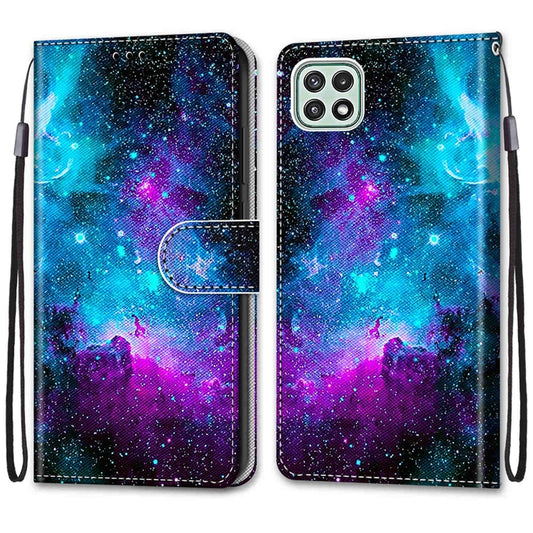 For Samsung Galaxy A22 5G Coloured Drawing Cross Texture Horizontal Flip PU Leather Case with Holder & Card Slots & Wallet & Lanyard(Purple Green Starry Sky) by buy2fix