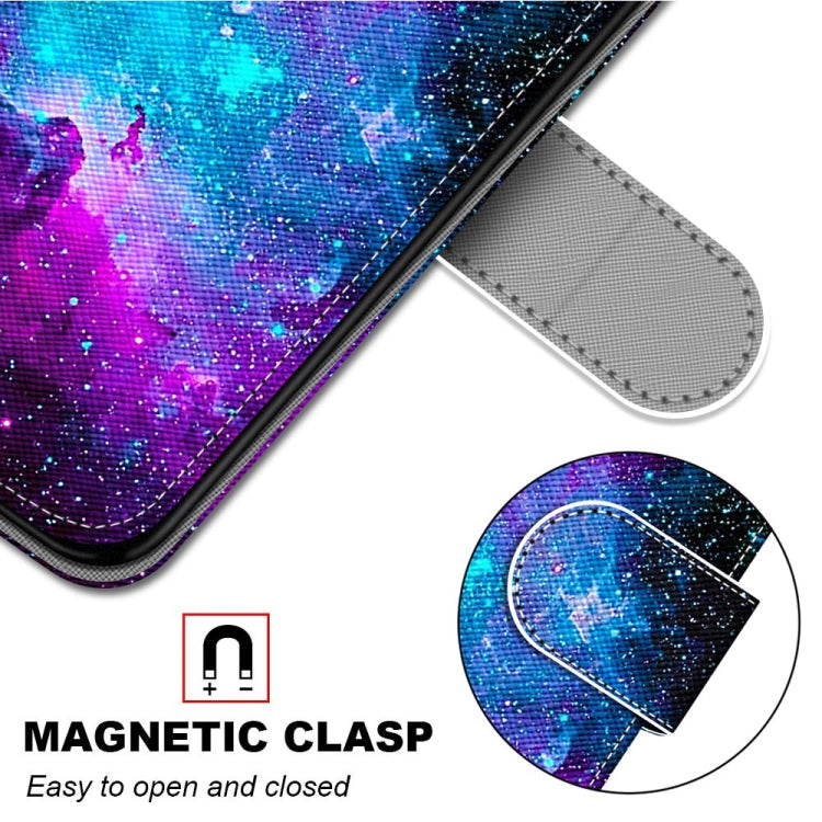 For Samsung Galaxy A22 5G Coloured Drawing Cross Texture Horizontal Flip PU Leather Case with Holder & Card Slots & Wallet & Lanyard(Purple Green Starry Sky) by buy2fix