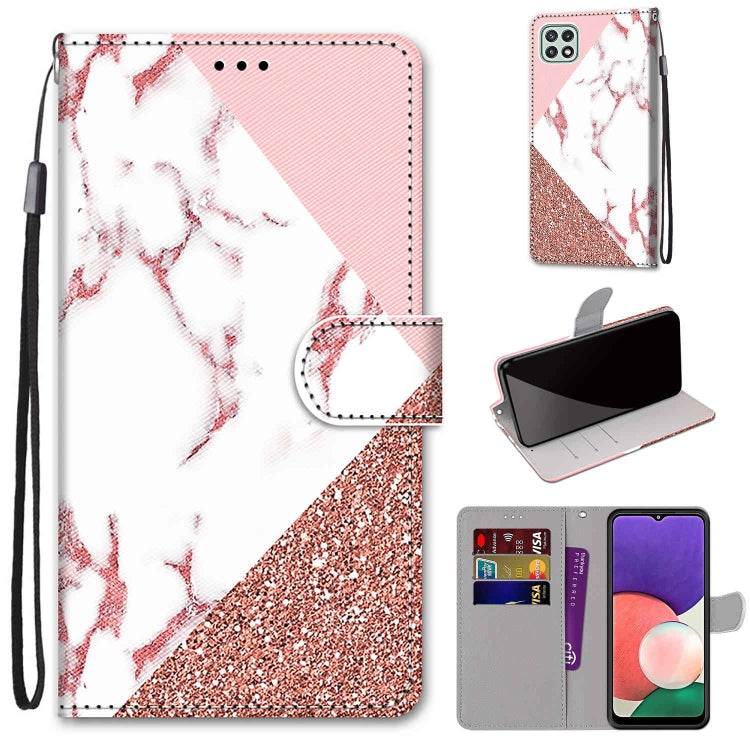 For Samsung Galaxy A22 5G Coloured Drawing Cross Texture Horizontal Flip PU Leather Case with Holder & Card Slots & Wallet & Lanyard(Pink Stone Texture) by buy2fix