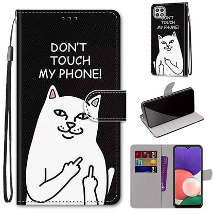 For Samsung Galaxy A22 5G Coloured Drawing Cross Texture Horizontal Flip PU Leather Case with Holder & Card Slots & Wallet & Lanyard(Middle Finger White Cat) by buy2fix