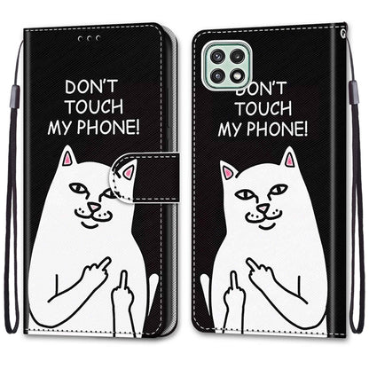 For Samsung Galaxy A22 5G Coloured Drawing Cross Texture Horizontal Flip PU Leather Case with Holder & Card Slots & Wallet & Lanyard(Middle Finger White Cat) by buy2fix