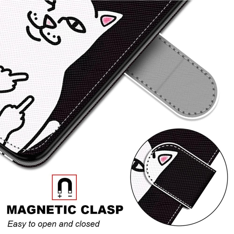 For Samsung Galaxy A22 5G Coloured Drawing Cross Texture Horizontal Flip PU Leather Case with Holder & Card Slots & Wallet & Lanyard(Middle Finger White Cat) by buy2fix