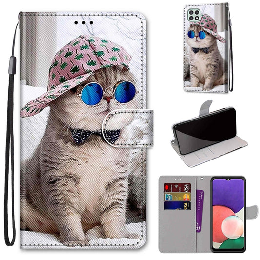 For Samsung Galaxy A22 5G Coloured Drawing Cross Texture Horizontal Flip PU Leather Case with Holder & Card Slots & Wallet & Lanyard(Slant Hat Blue Mirror Cat) by buy2fix