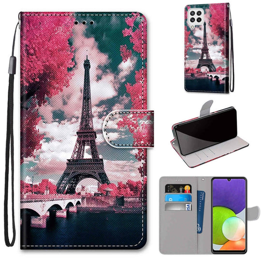 For Samsung Galaxy A22 4G Coloured Drawing Cross Texture Horizontal Flip PU Leather Case with Holder & Card Slots & Wallet & Lanyard(Pink Flower Tower Bridge)