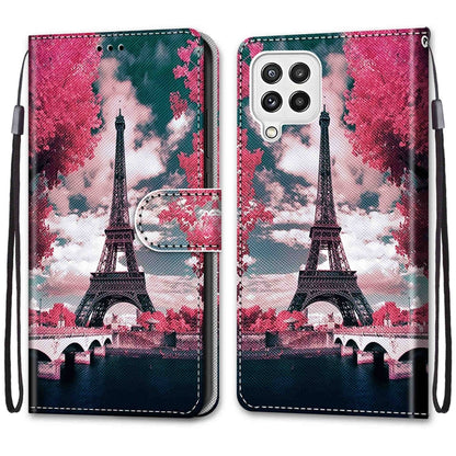 For Samsung Galaxy A22 4G Coloured Drawing Cross Texture Horizontal Flip PU Leather Case with Holder & Card Slots & Wallet & Lanyard(Pink Flower Tower Bridge) by buy2fix