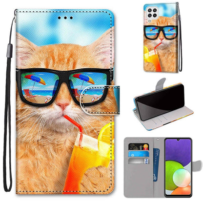 For Samsung Galaxy A22 4G Coloured Drawing Cross Texture Horizontal Flip PU Leather Case with Holder & Card Slots & Wallet & Lanyard(Cat Drinking Soda) by buy2fix