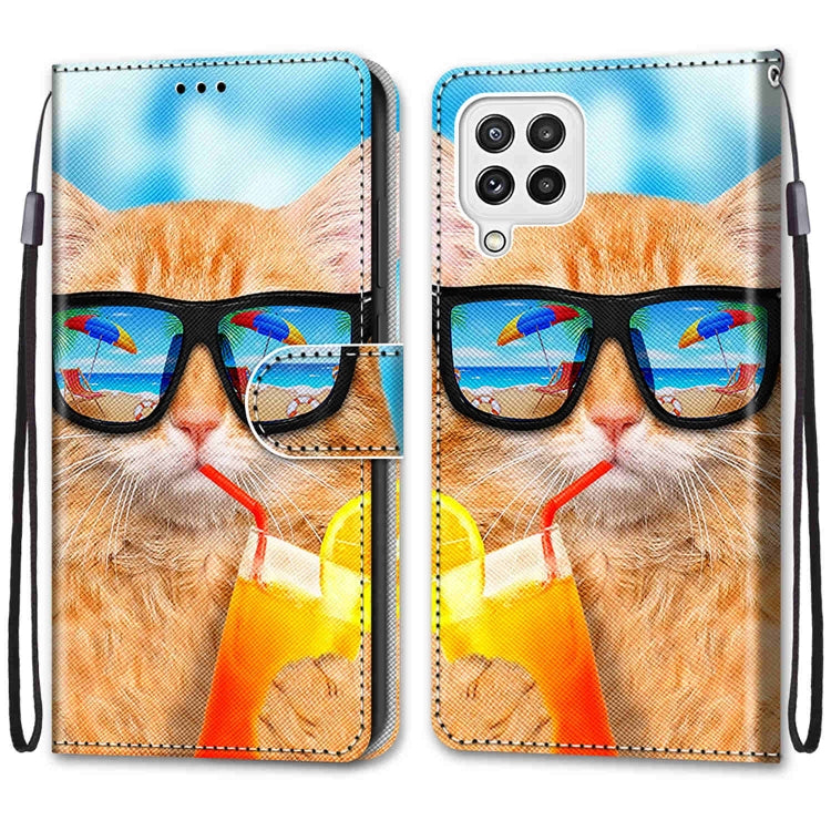 For Samsung Galaxy A22 4G Coloured Drawing Cross Texture Horizontal Flip PU Leather Case with Holder & Card Slots & Wallet & Lanyard(Cat Drinking Soda) by buy2fix