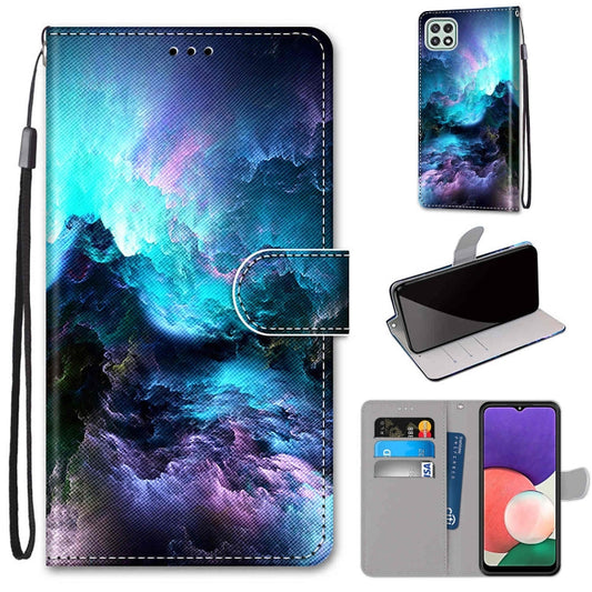 For Samsung Galaxy A22 5G Coloured Drawing Cross Texture Horizontal Flip PU Leather Case with Holder & Card Slots & Wallet & Lanyard(Colorful Clouds) by buy2fix