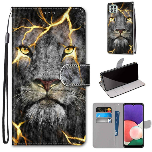 For Samsung Galaxy A22 5G Coloured Drawing Cross Texture Horizontal Flip PU Leather Case with Holder & Card Slots & Wallet & Lanyard(Fission Lion) by buy2fix