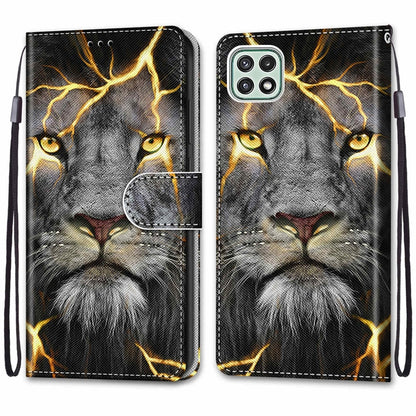 For Samsung Galaxy A22 5G Coloured Drawing Cross Texture Horizontal Flip PU Leather Case with Holder & Card Slots & Wallet & Lanyard(Fission Lion) by buy2fix