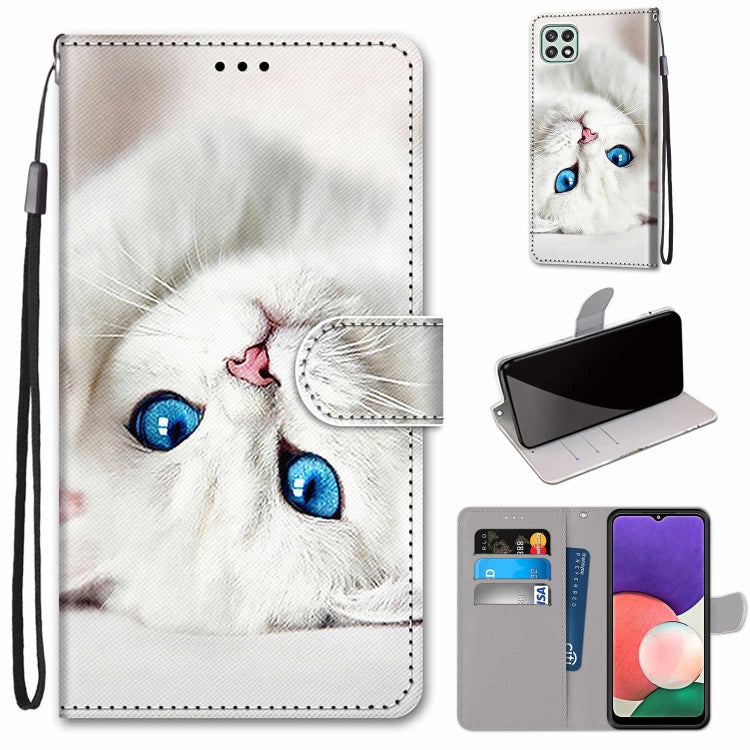 For Samsung Galaxy A22 5G Coloured Drawing Cross Texture Horizontal Flip PU Leather Case with Holder & Card Slots & Wallet & Lanyard(White Kitten) by buy2fix
