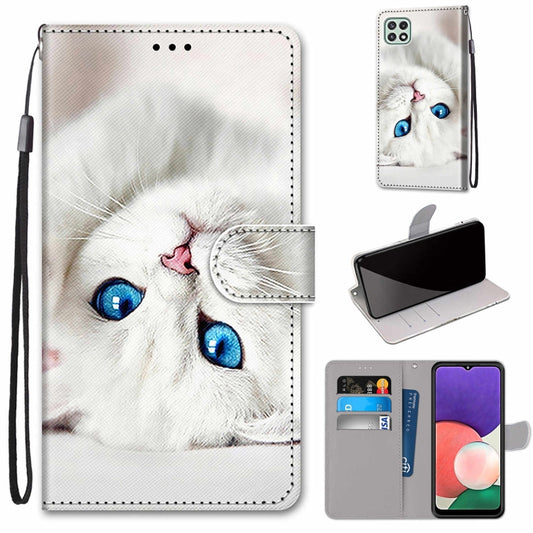 For Samsung Galaxy A22 5G Coloured Drawing Cross Texture Horizontal Flip PU Leather Case with Holder & Card Slots & Wallet & Lanyard(White Kitten) by buy2fix