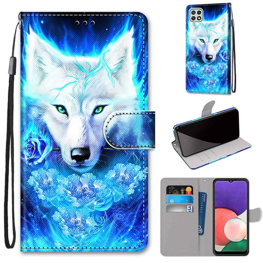 For Samsung Galaxy A22 5G Coloured Drawing Cross Texture Horizontal Flip PU Leather Case with Holder & Card Slots & Wallet & Lanyard(Rose Wolf)