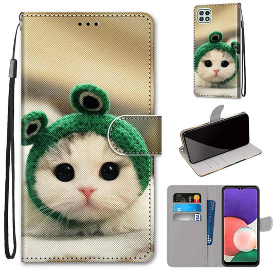 For Samsung Galaxy A22 5G Coloured Drawing Cross Texture Horizontal Flip PU Leather Case with Holder & Card Slots & Wallet & Lanyard(Frog Kitten) by buy2fix