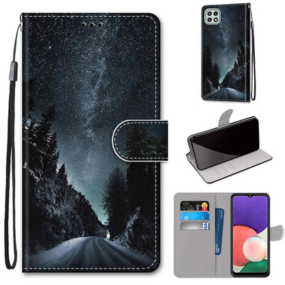 For Samsung Galaxy A22 5G Coloured Drawing Cross Texture Horizontal Flip PU Leather Case with Holder & Card Slots & Wallet & Lanyard(Mountain Road Starry Sky) by buy2fix