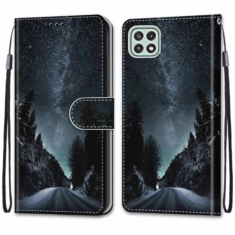 For Samsung Galaxy A22 5G Coloured Drawing Cross Texture Horizontal Flip PU Leather Case with Holder & Card Slots & Wallet & Lanyard(Mountain Road Starry Sky) by buy2fix